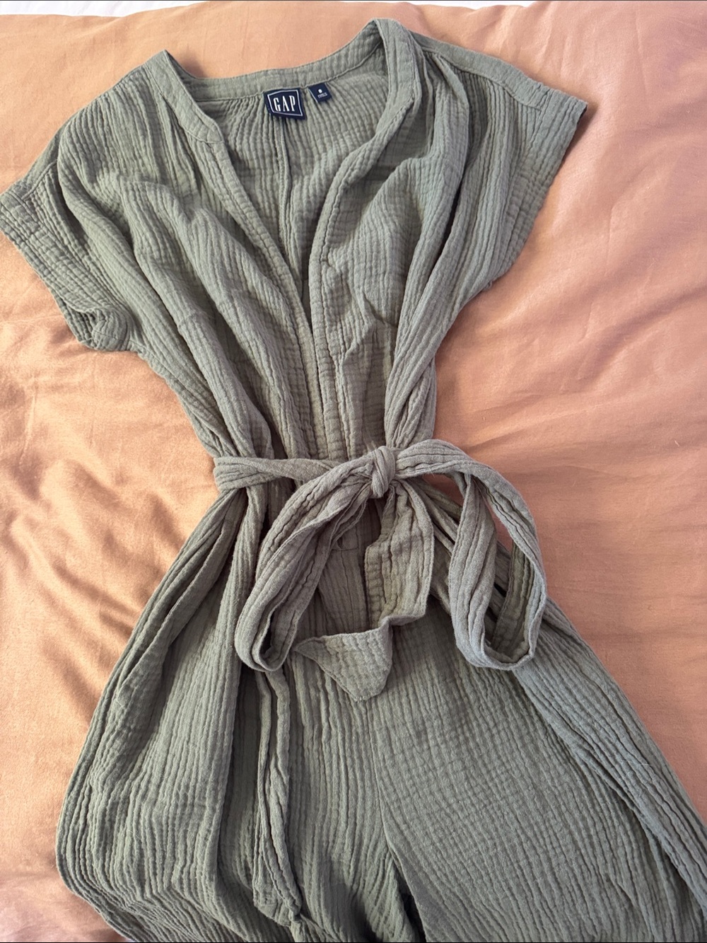GAP Olive Gauze Short-Sleeve Jumpsuit - Picture 3 of 5